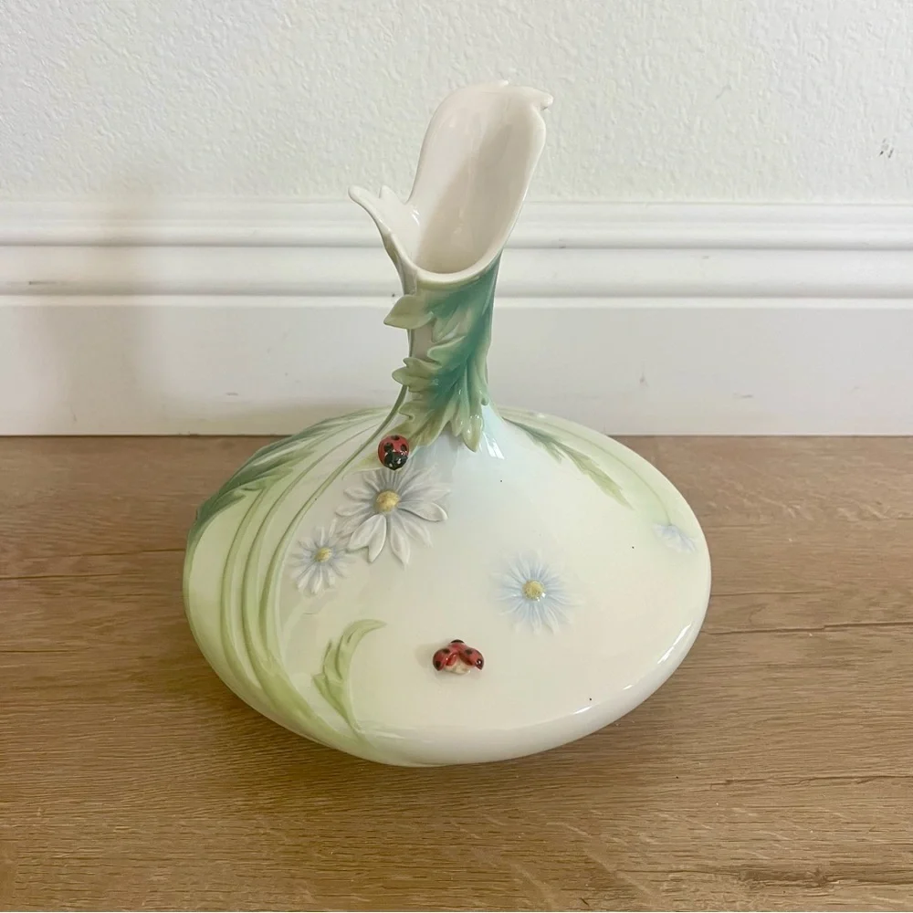 Franz Collection Porcelain Spring Ladybug Flowers Vase 9” Signed Retired FZ00468